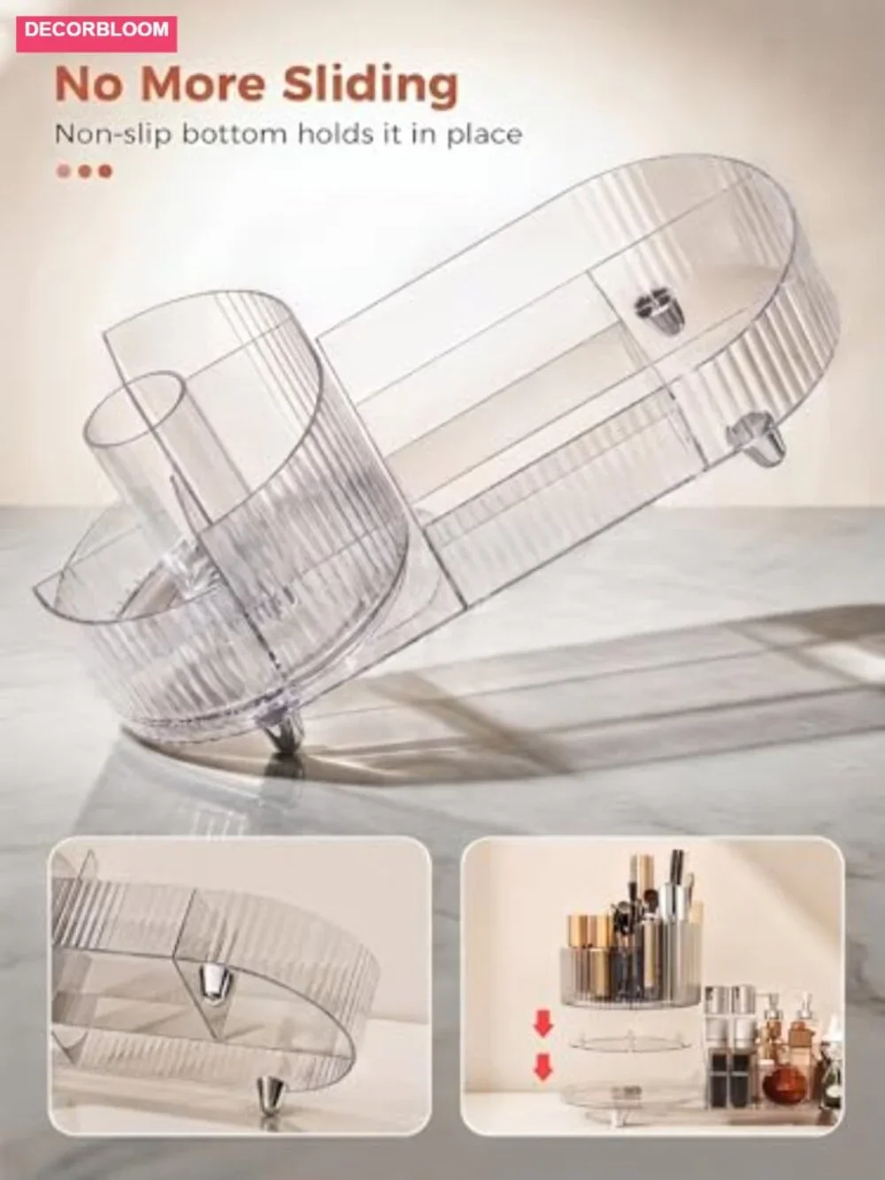 Rotating Makeup Organizer with Open Compartments, Acrylic Cosmetic Display Case